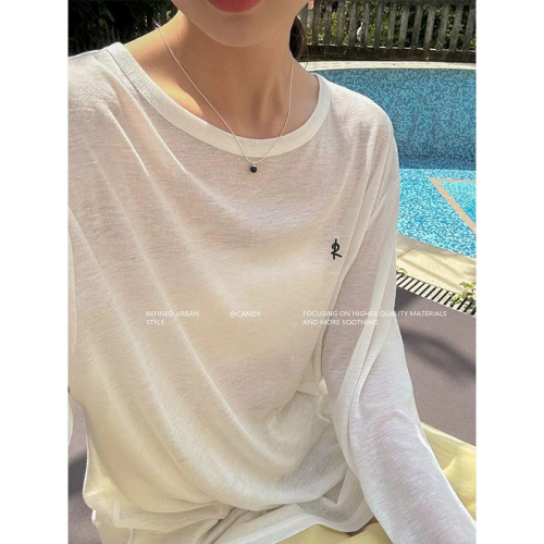 Summer round neck pullover long sleeve loose knitted sweater solid color embroidered sun protection blouse casual sun protection shirt tops for women