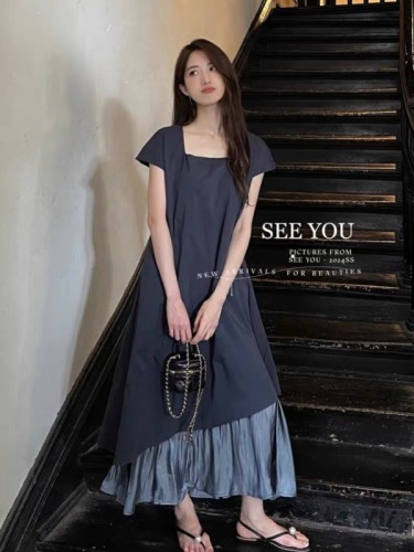 Korean style design contrasting color square collar dress for women 2024 summer new niche splicing irregular loose long skirt