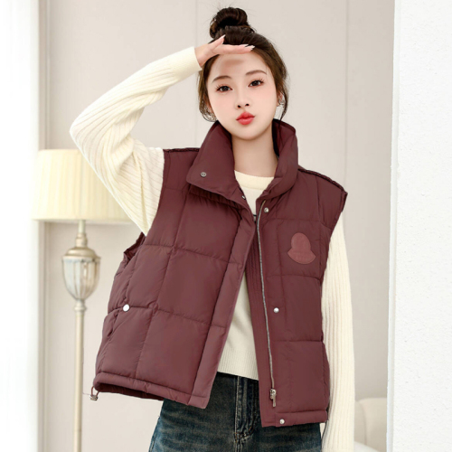 Real shot of foreign trade short feather jacket vest for women 2024 new stand-up collar small man outer vest spliced ​​leather jacket