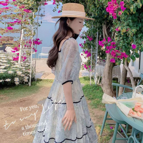 French retro style chiffon print dress for women summer new tea break high-end seaside vacation fairy skirt