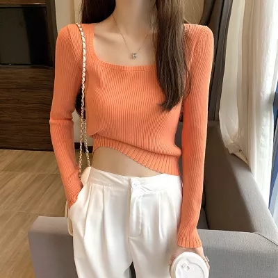 Sweater women's design niche thin sweater long-sleeved T-shirt women's slim short square collar spring and autumn new top