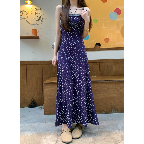 Actual shot ~ Plus size women's Korean style fake two piece floral suspender long skirt slim waist slimming drape dress