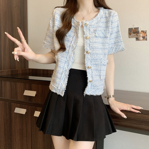 Actual shot of small fragrant style jacket for women 2024 new style tweed tassel short versatile loose foreign style short-sleeved top