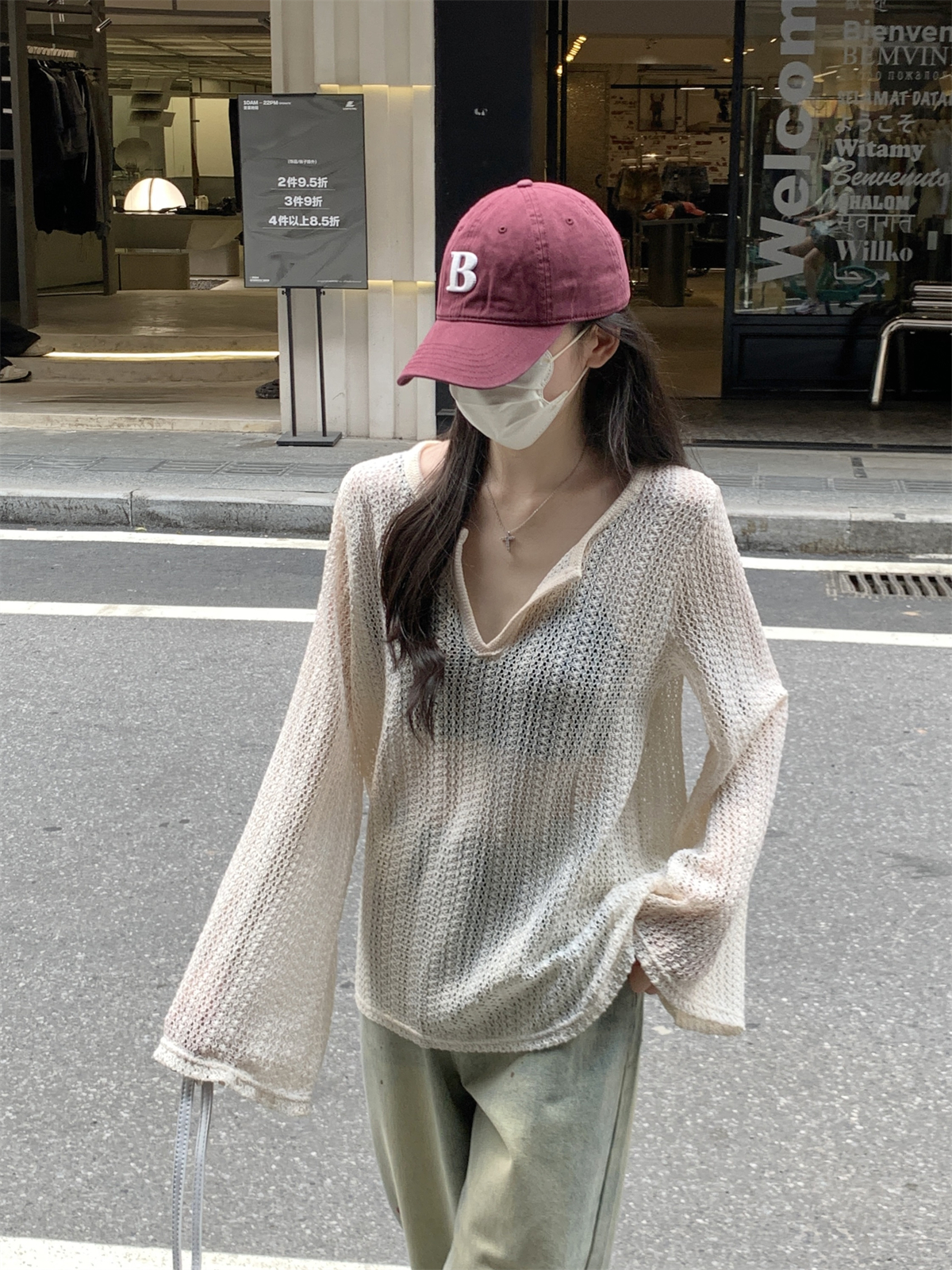 Actual shot of summer Korean style loose half open collar hollow bell sleeves versatile thin sun protection cover-up T-shirt top