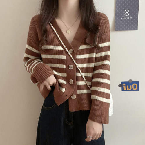 Korean new women's clothing 2024 autumn V-neck striped loose short sweater women's cardigan jacket