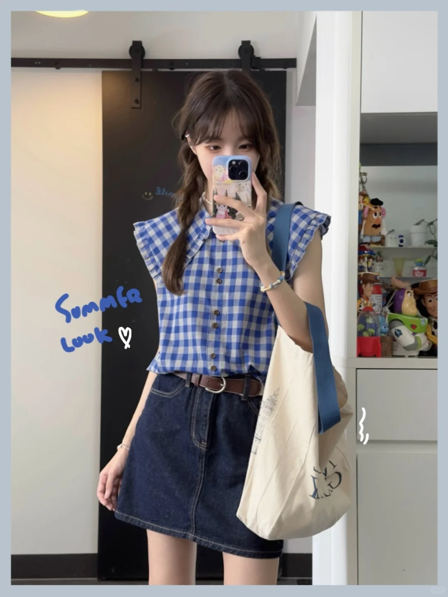 Korean style sweet plaid ruffled shirt vest for women summer new style gentle pure desire slimming outer shirt top