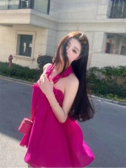 Summer new holiday halterneck tube top dress, feminine rose pink fairy skirt, sweet baby doll skirt, short skirt