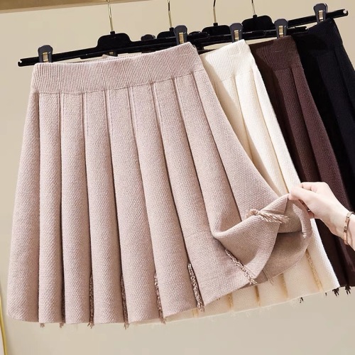 Thickened knitted pleated skirt 2024 new autumn and winter versatile high-waisted slimming A-line skirt student skirt for women