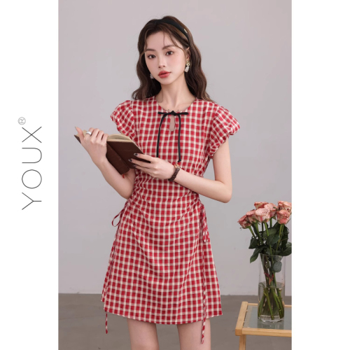 Original method + zipper hot girl hollow plaid skirt summer slimming slim and cold royal sister style dress