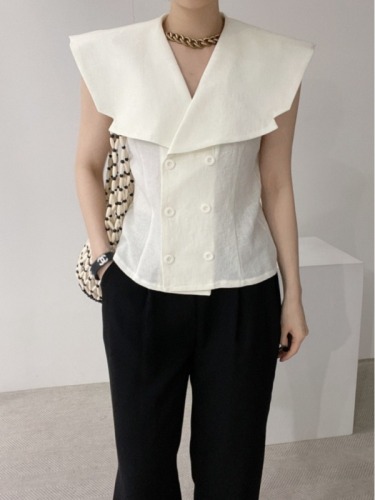 The size has been updated Korean chic summer new style double-breasted large lapel fashion tops vest shirt