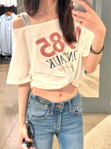 American Retro Hot Girl Sloping Collar Short Sleeve T-Shirt Women's Summer Millennial Niche Lazy Loose Slim Versatile Off-Shoulder Top