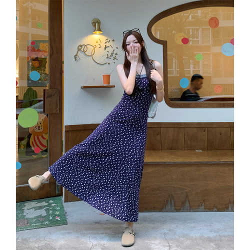 Actual shot ~ Plus size women's Korean style fake two piece floral suspender long skirt slim waist slimming drape dress