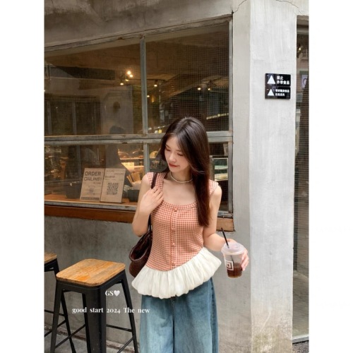 GS.GOOD START Korean retro sleeveless spliced ​​puffy hem square collar plaid vest shirt for women 1821