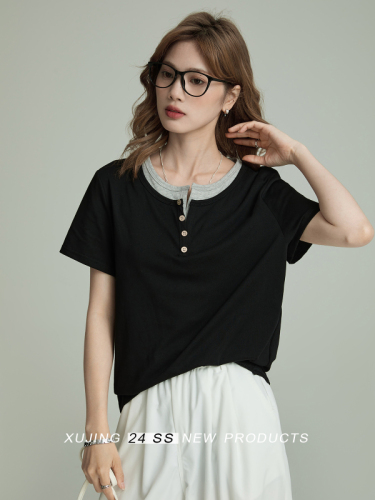 Xujing black fake two-piece short-sleeved t-shirt for women summer new clothes design right shoulder women's tops for women