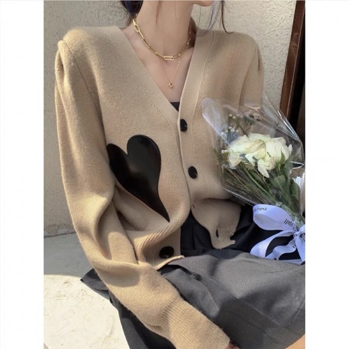 2024 Autumn Yang Mi same style leather love V-neck puff sleeve sweater knitted cardigan jacket for women