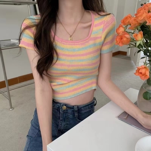 Summer new 2024 knitted women's rainbow striped short top women's trendy