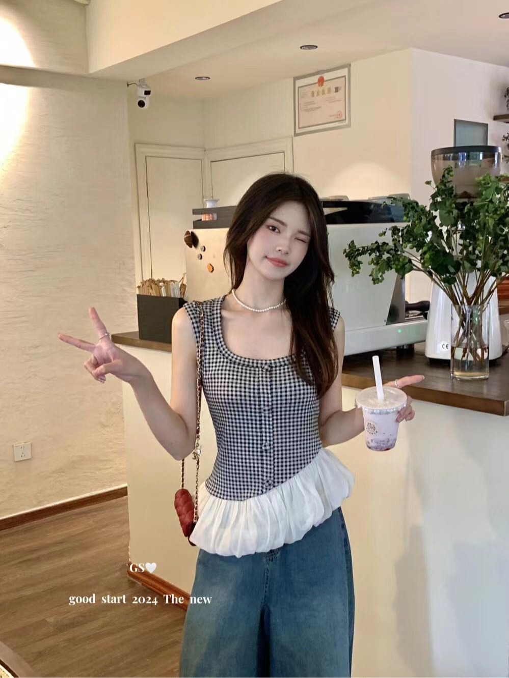GS.GOOD START Korean retro sleeveless spliced ​​puffy hem square collar plaid vest shirt for women 1821