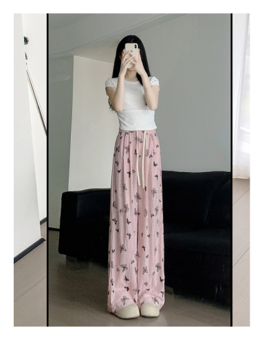 Official picture of ice silk wide-leg pants for women in summer, thin design, butterfly print, hole drawstring, straight long pants