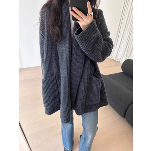 Temperamental mid-length sweater jacket for women in autumn and winter thickened loose lazy slim sweater outer top