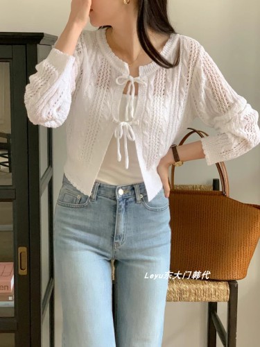 2024 Korean Dongdaemun purchasing agency for early autumn new women's lace-up round neck sweet candy color twist knitted cardigan