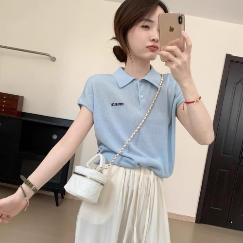 College style POLO collar ice silk shirt 2024 summer new Korean version simple classic lapel short-sleeved top T-shirt