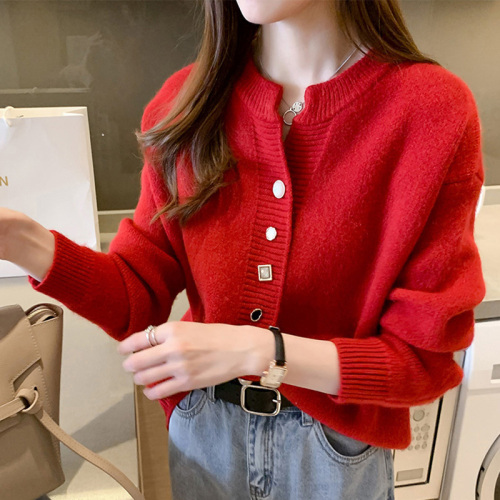 Hong Kong Style Heavy Industry Pearl Button Sweater Jacket Thickened Loose Outerwear Retro Japanese Forest Girl Style Winter Women's Top