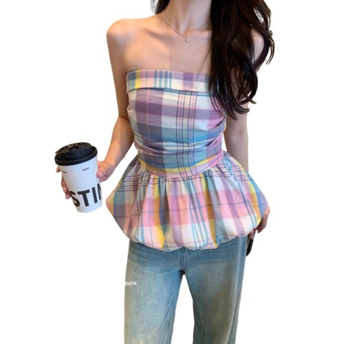 GS.GOOD START dopamine chic colorful plaid tube top waist shirt 1835# LKZ