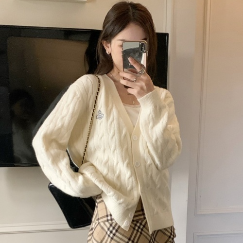 New autumn and winter cashmere cardigan women's knitted V-neck loose slim embroidered college style large size wool sweater jacket