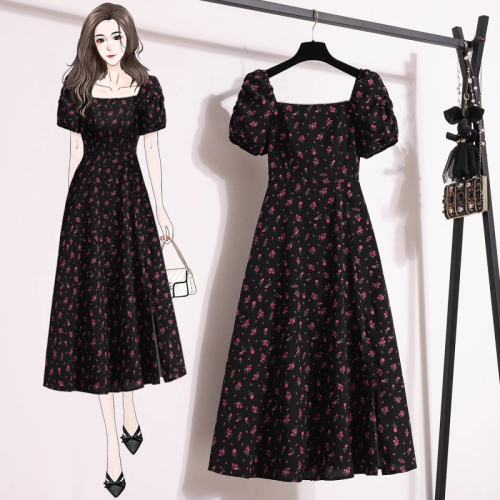 Designed puff sleeve floral skirt for fat MM plus size women summer high waist slim dress