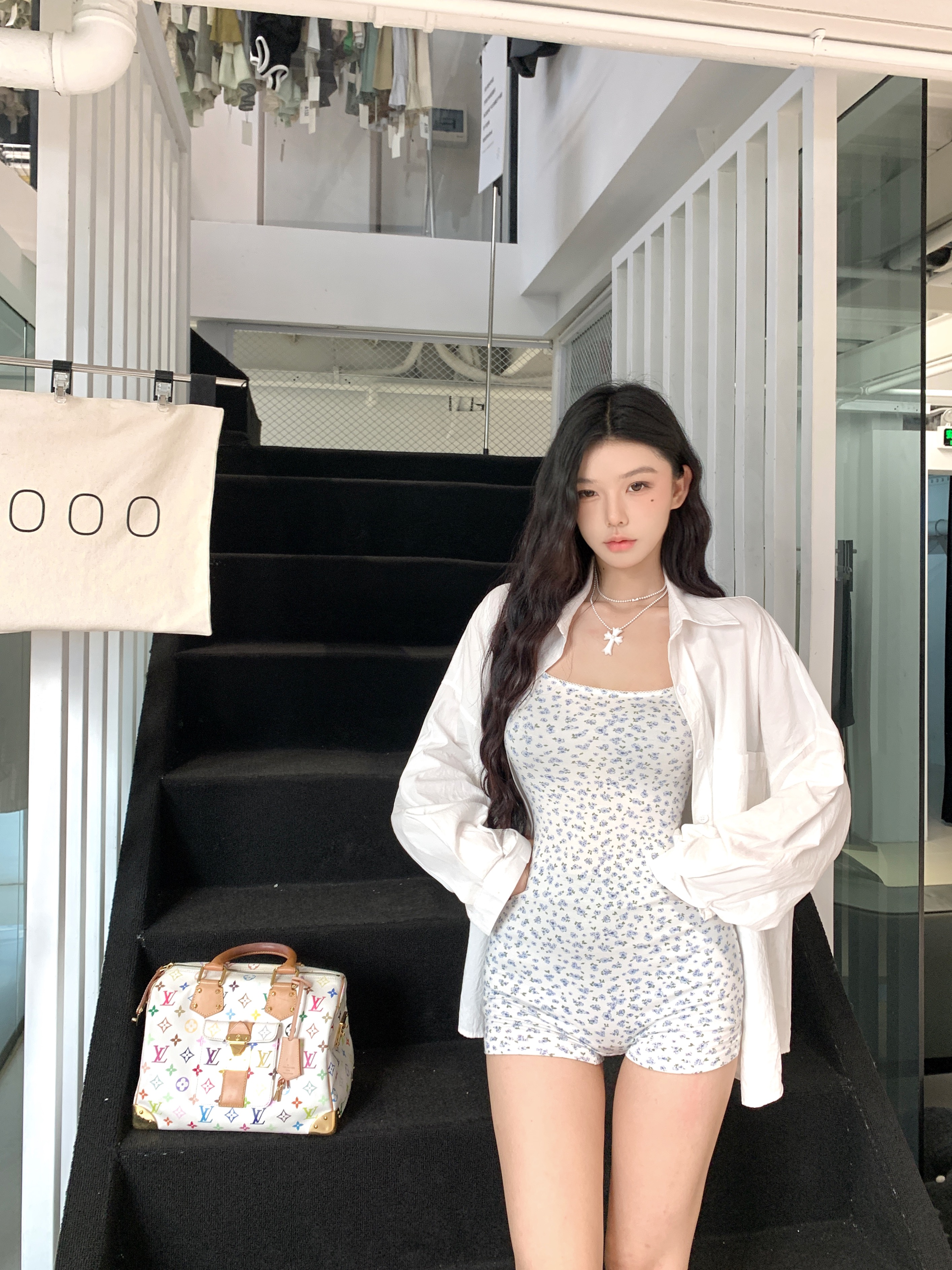 Real shot of hot girl sexy suspender floral jumpsuit women's hip-covering pants + long-sleeved shirt casual sun protection top