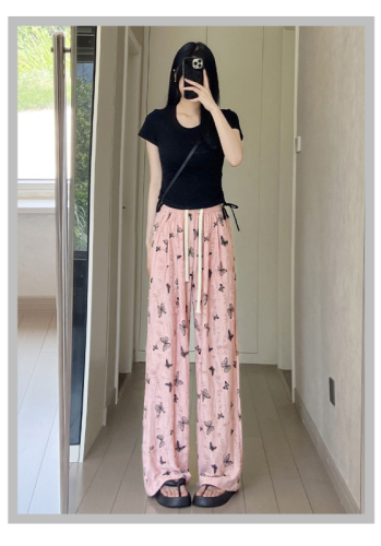 Official picture of ice silk wide-leg pants for women in summer, thin design, butterfly print, hole drawstring, straight long pants