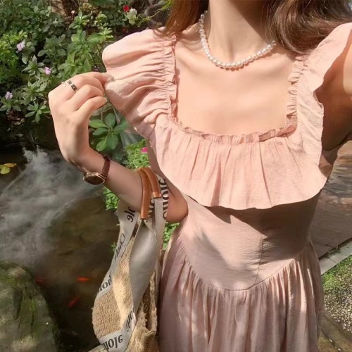 Pink Ruffled Square Neck Dress Women's Summer 2024 New French Style Small Flying Sleeves Seaside Vacation Beach Long Dress