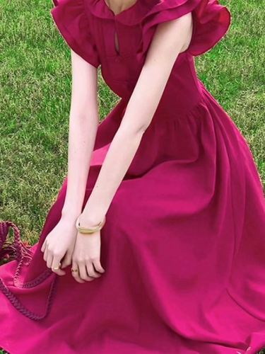 French style small flying sleeve rose red dress for women summer 2024 new style high-end temperament waist slimming long skirt