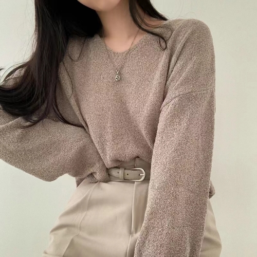 Korean chic lazy off-shoulder sleeves long-sleeved thin knitted sun protection blouse top women's pullover solid color