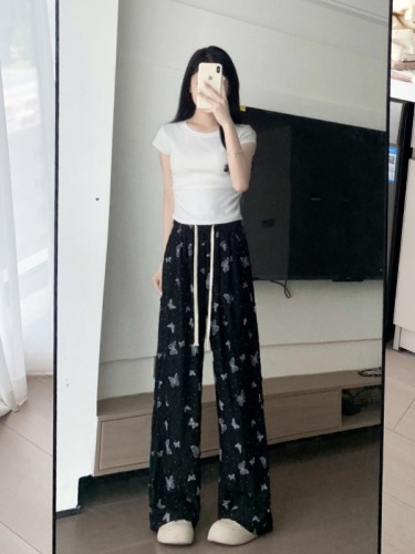 Official picture of ice silk wide-leg pants for women in summer, thin design, butterfly print, hole drawstring, straight long pants