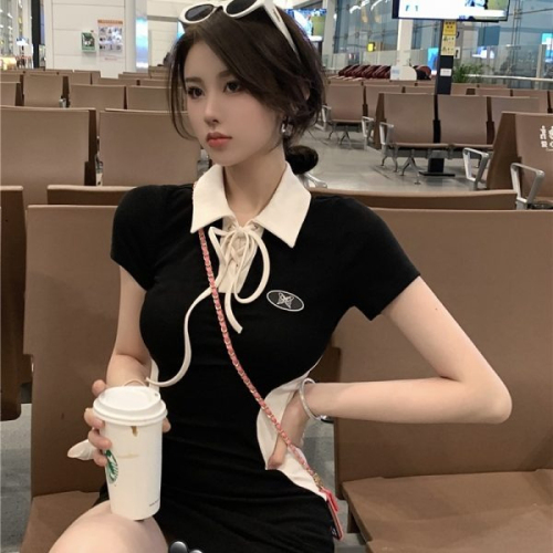 Pure Desire Hot Girl Dress Designed with Personalized Lapel Lapel POLO Collar Contrast Color Waist Short Sleeve Slim Fit Hip Skirt Trendy