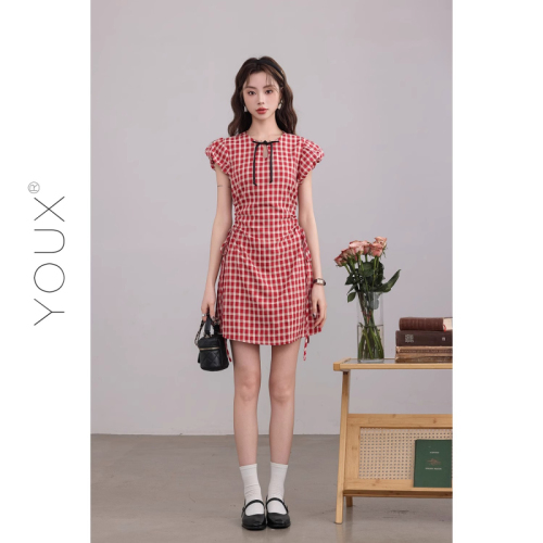 Original method + zipper hot girl hollow plaid skirt summer slimming slim and cold royal sister style dress