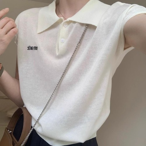 College style POLO collar ice silk shirt 2024 summer new Korean version simple classic lapel short-sleeved top T-shirt