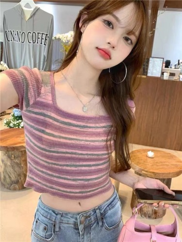 Summer new 2024 knitted women's rainbow striped short top women's trendy