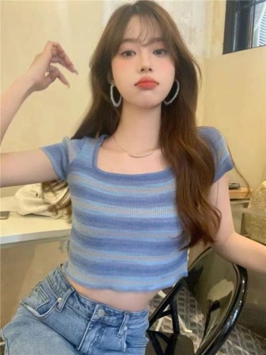 Summer new 2024 knitted women's rainbow striped short top women's trendy