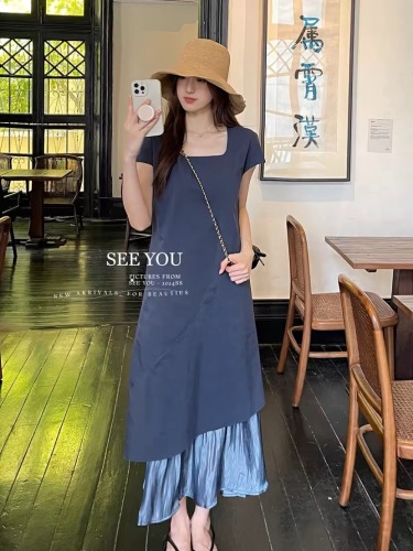 Korean style design contrasting color square collar dress for women 2024 summer new niche splicing irregular loose long skirt