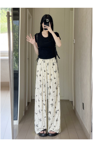 Official picture of ice silk wide-leg pants for women in summer, thin design, butterfly print, hole drawstring, straight long pants