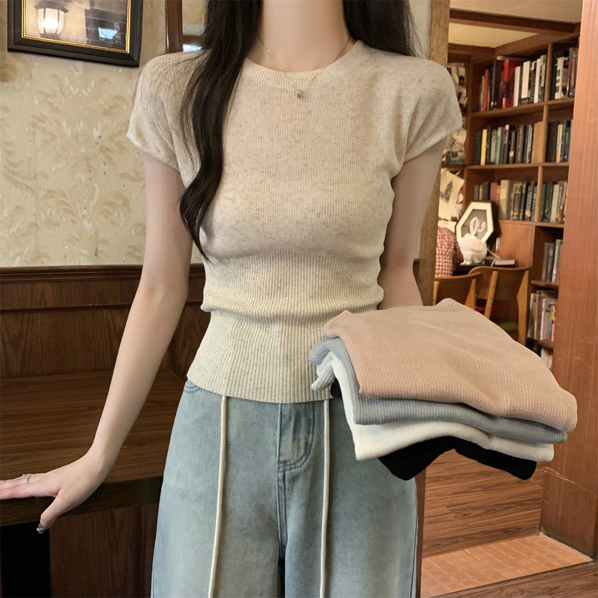 Summer Korean Style Slim Fit Versatile Slimming Thin Cotton Knit Top Short Sleeve Women's