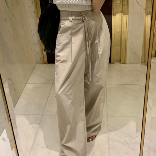 Wide-leg casual pants, high-waisted, loose drawstring lace-up pants