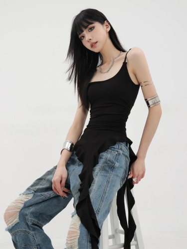 KENH Summer Black Asymmetrical Ribbon Camisole Women's 2024 New Ruffle Design Versatile Bottoming Shirt