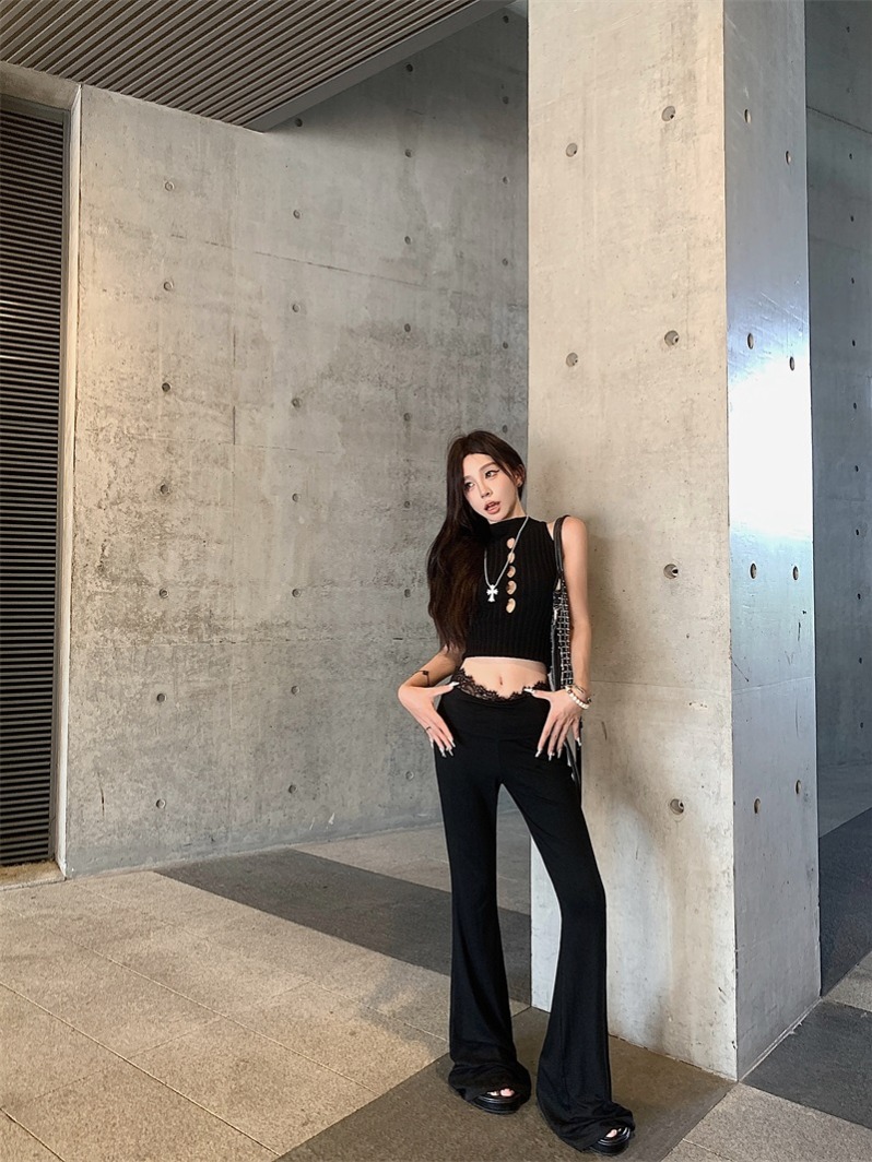 Real shot!  !  Lace spliced ​​micro-flare casual pants slim fit low-rise floor-length trousers