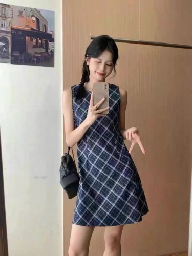 HQY+ 2024 new summer style sleeveless plaid small fragrance style short niche gentle versatile dress