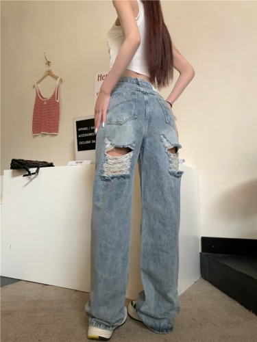 Real shot!  Hot ripped jeans women's high street beggar loose drape high waist wide leg trousers