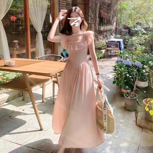 Pink Ruffled Square Neck Dress Women's Summer 2024 New French Style Small Flying Sleeves Seaside Vacation Beach Long Dress