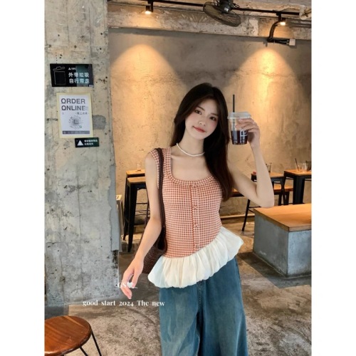 GS.GOOD START Korean retro sleeveless spliced ​​puffy hem square collar plaid vest shirt for women 1821